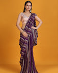Wine Purple Crepe Embroidered Saree