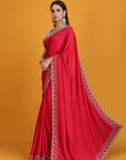 Red Chiffon Satin Embroidered Saree