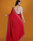 Red Chiffon Satin Embroidered Saree