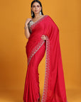 Red Chiffon Satin Embroidered Saree