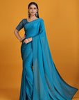 Turquoise Blue Chiffon Satin Embroidered Saree