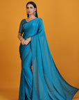 Turquoise Blue Chiffon Satin Embroidered Saree