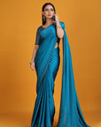 Turquoise Blue Chiffon Satin Embroidered Saree