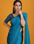 Turquoise Blue Chiffon Satin Embroidered Saree