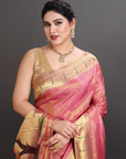 Dual Toned Pastel Pink Soft Tissue Paithani Saree