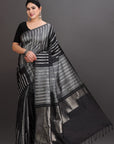 Black-Silver Soft Silk Handwoven Kanjivaram Saree