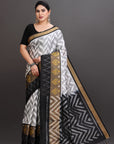 White and Grey Ikat Soft Silk Handwoven Kanjivaram Saree