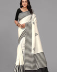 Cream by black stripe border printed silk saree