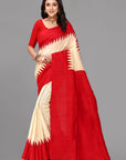 Cream by red temple border printed silk saree