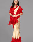 Cream by red temple border printed silk saree