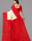 Cream by red temple border printed silk saree