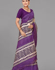 Cream by purple printed silk saree