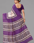 Cream by purple printed silk saree