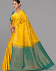 Yellow self zari soft silk saree