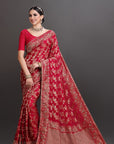 Red Satin Crepe Embroidered Saree