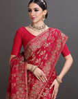 Red Satin Crepe Embroidered Saree