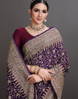 Wine Magenta Satin Crepe Embroidered Saree