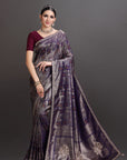 Deep Purple Crepe Tissue Brocade Embroidered Saree