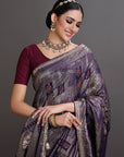 Deep Purple Crepe Tissue Brocade Embroidered Saree