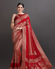 Red Crepe Saree with Zari Brocade Embroidered Saree