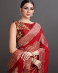 Red Crepe Saree with Zari Brocade Embroidered Saree