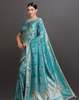 Peacock Blue Crepe Tissue Brocade Embroidered Saree