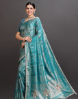 Peacock Blue Crepe Tissue Brocade Embroidered Saree