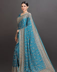 Peacock Blue Satin Crepe Embroidered Saree