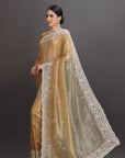 Gold Organza Crepe Pearl Embroidered Saree