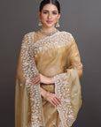 Gold Organza Crepe Pearl Embroidered Saree