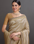 Gold Crepe Tissue Brocade Embroidered Saree