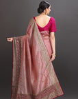 Woman wearing a traditional saree with a pink blouse against a dark background