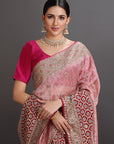 Woman wearing a traditional pink saree with intricate patterns on a gray background