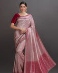 Pink Crepe Tissue Brocade Embroidered Saree