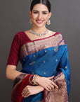 Two-Toned Peacock Blue Kanjivaram Silk Saree