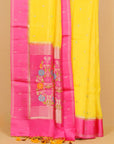 Lemon Yellow with Pink Satin Border Soft Organza Silk Saree