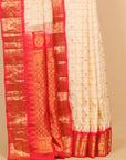 Cream ivory by red temple zari checks gadhwal silk saree