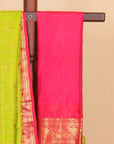 Parrot green by red temple zari checks gadhwal silk saree