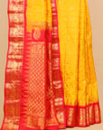 Mustard by red temple zari checks gadhwal silk saree