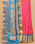 Rani pink by peacock blue zari checks gadhwal silk saree