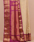 Beige by wine magenta small zari checks gadhwal silk saree
