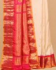 Cream by red small zari checks gadhwal saree