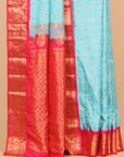 Phirozy blue by red temple zari checks gadhwal silk saree