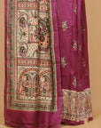 Wine madhubani printed silk saree
