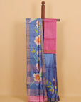 Royal blue handprinted silk saree