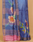 Royal blue handprinted silk saree