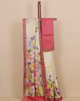 Ivory cream pista handprinted silk saree