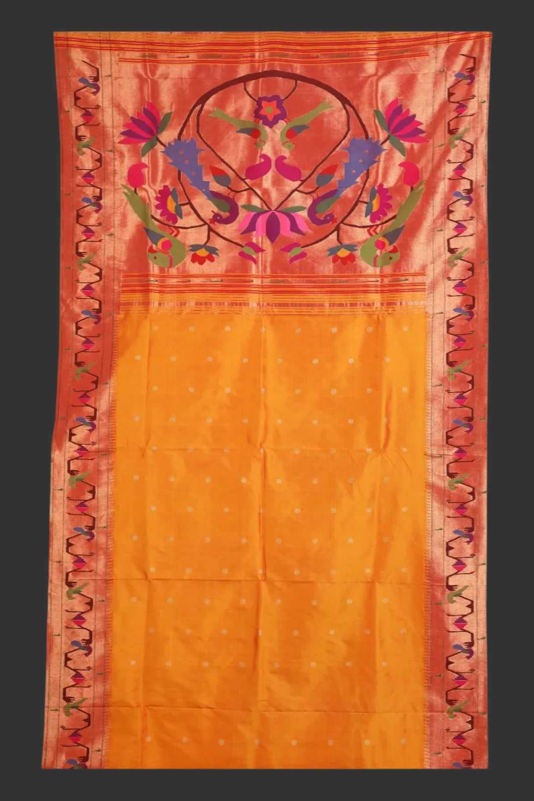 Decorative fabric with floral patterns on a red and orange background