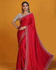 Red Chiffon Satin Embroidered Saree