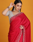 Red Chiffon Satin Embroidered Saree